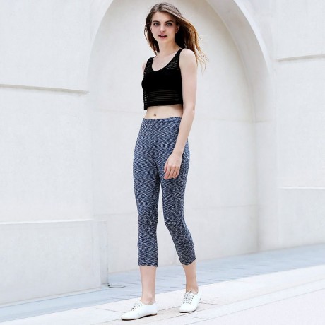 ACTIVE U-NECK STRIPES SEE-THROUGH TANK TOP   ELASTIC WAIST CAPRI LEGGINGS TWINSET FOR WOME
