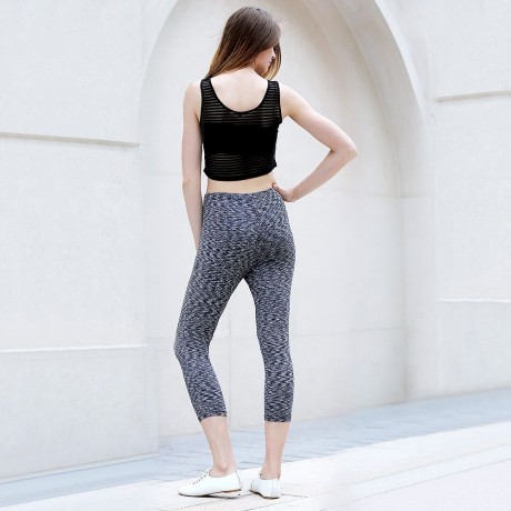 ACTIVE U-NECK STRIPES SEE-THROUGH TANK TOP   ELASTIC WAIST CAPRI LEGGINGS TWINSET FOR WOME