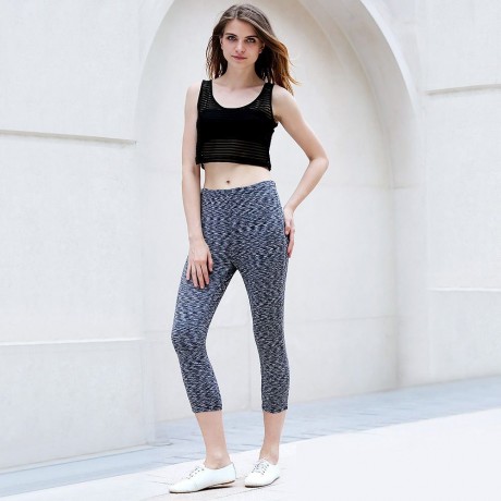 ACTIVE U-NECK STRIPES SEE-THROUGH TANK TOP   ELASTIC WAIST CAPRI LEGGINGS TWINSET FOR WOME