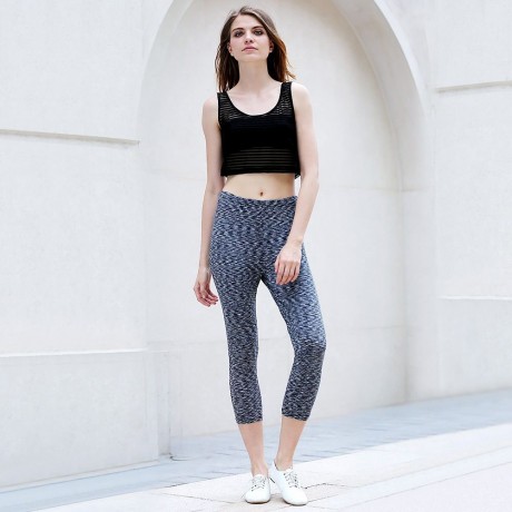 ACTIVE U-NECK STRIPES SEE-THROUGH TANK TOP   ELASTIC WAIST CAPRI LEGGINGS TWINSET FOR WOME