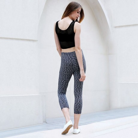ACTIVE U-NECK STRIPES SEE-THROUGH TANK TOP   ELASTIC WAIST CAPRI LEGGINGS TWINSET FOR WOME