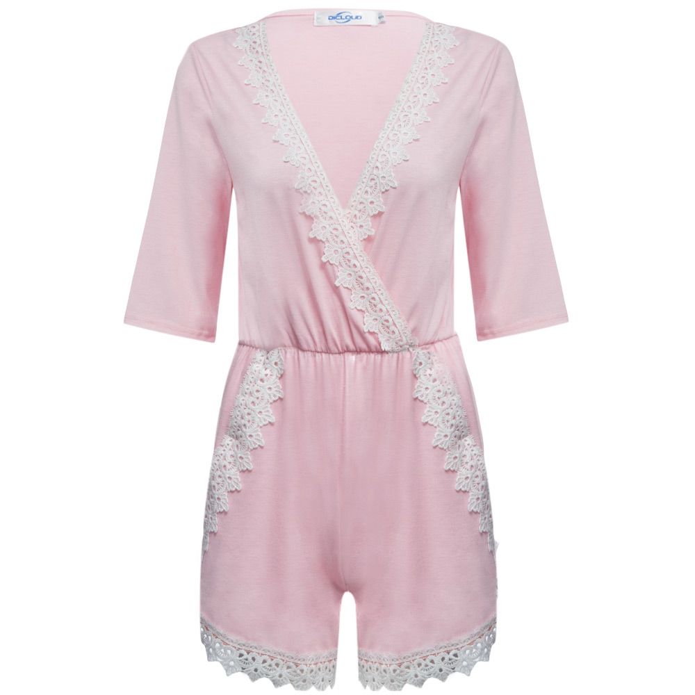 SWEET PLUNGING NECK SHORT SLEEVE MID ELASTIC WAIST LACEWORK PATCHWORK HOLLOW OUT DESIGN RO SWEET PLUNGING NECK SHORT SLEEVE MID ELASTIC WAIST LACEWORK PATCHWORK HOLLOW OUT DESIGN RO