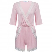 SWEET PLUNGING NECK SHORT SLEEVE MID ELASTIC WAIST LACEWORK PATCHWORK HOLLOW OUT DESIGN RO
