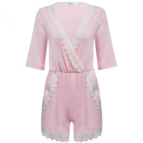 SWEET PLUNGING NECK SHORT SLEEVE MID ELASTIC WAIST LACEWORK PATCHWORK HOLLOW OUT DESIGN RO