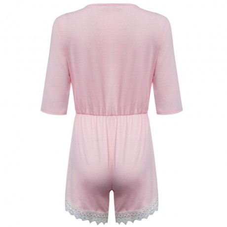 SWEET PLUNGING NECK SHORT SLEEVE MID ELASTIC WAIST LACEWORK PATCHWORK HOLLOW OUT DESIGN RO