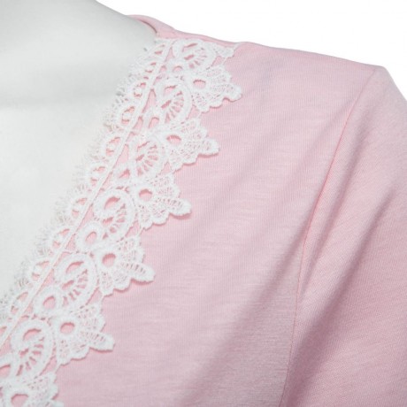 SWEET PLUNGING NECK SHORT SLEEVE MID ELASTIC WAIST LACEWORK PATCHWORK HOLLOW OUT DESIGN RO