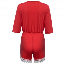 SWEET PLUNGING NECK SHORT SLEEVE MID ELASTIC WAIST LACEWORK PATCHWORK HOLLOW OUT DESIGN RO