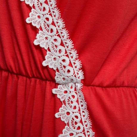 SWEET PLUNGING NECK SHORT SLEEVE MID ELASTIC WAIST LACEWORK PATCHWORK HOLLOW OUT DESIGN RO