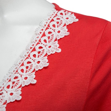 SWEET PLUNGING NECK SHORT SLEEVE MID ELASTIC WAIST LACEWORK PATCHWORK HOLLOW OUT DESIGN RO