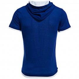 CASUAL HOODED SHORT SLEEVE COLOR BLOCK T-SHIRT FOR MEN