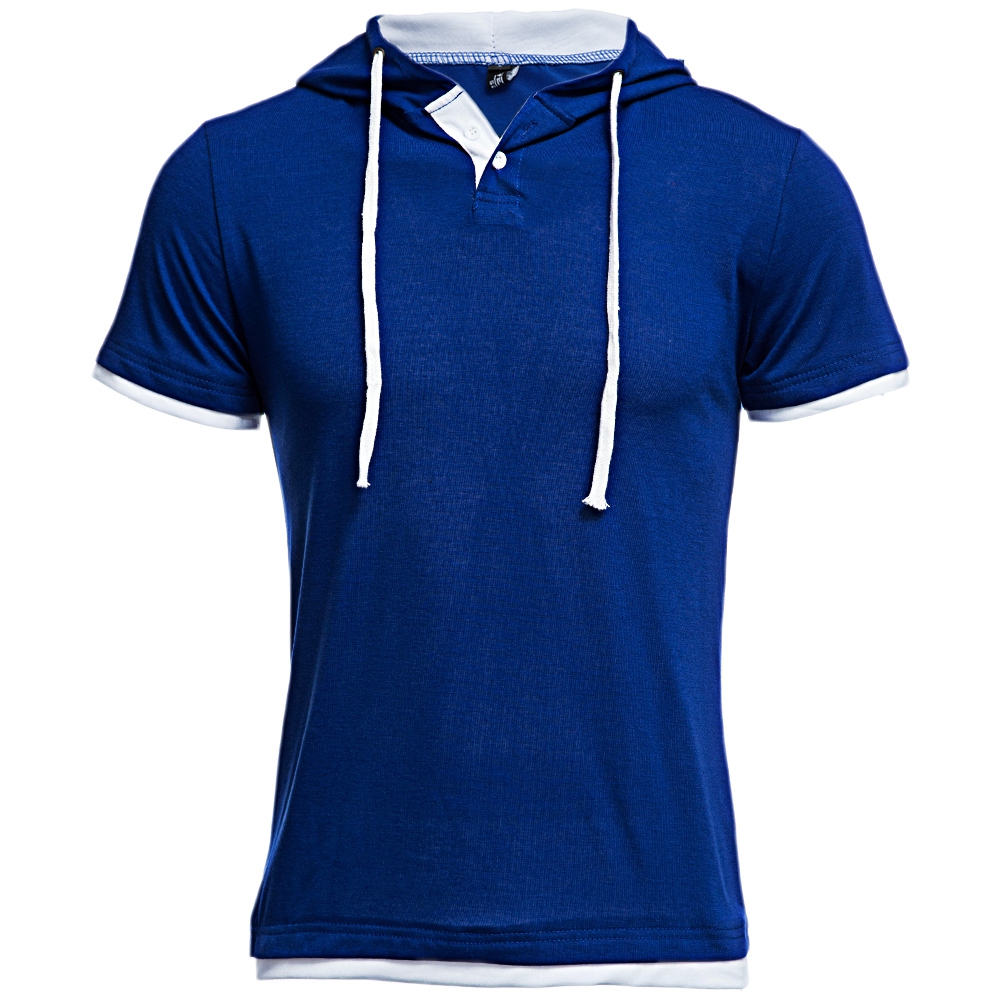 CASUAL HOODED SHORT SLEEVE COLOR BLOCK T-SHIRT FOR MEN