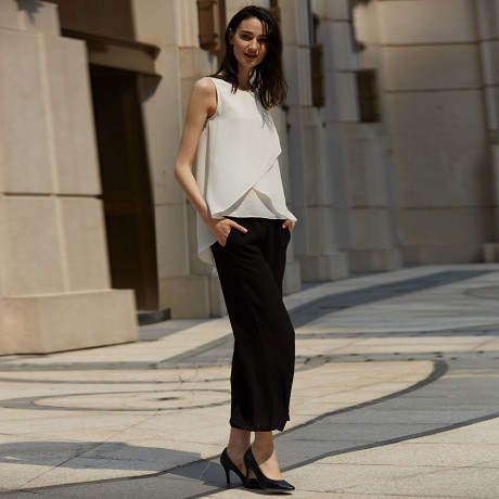 STYLISH ELASTIC WAIST STRAIGHT SOLID COLOR CHIFFON WIDE LEG PANTS FOR WOMEN