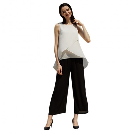 STYLISH ELASTIC WAIST STRAIGHT SOLID COLOR CHIFFON WIDE LEG PANTS FOR WOMEN