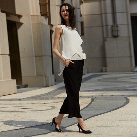 STYLISH ELASTIC WAIST STRAIGHT SOLID COLOR CHIFFON WIDE LEG PANTS FOR WOMEN