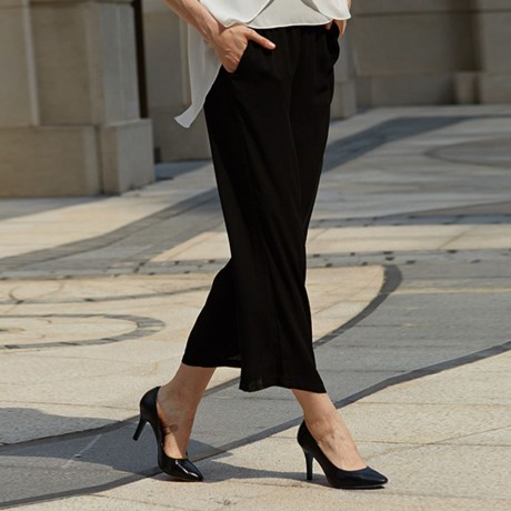 STYLISH ELASTIC WAIST STRAIGHT SOLID COLOR CHIFFON WIDE LEG PANTS FOR WOMEN