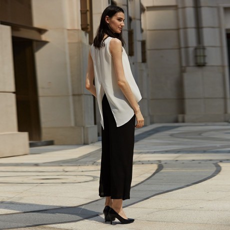 STYLISH ELASTIC WAIST STRAIGHT SOLID COLOR CHIFFON WIDE LEG PANTS FOR WOMEN