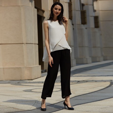 STYLISH ELASTIC WAIST STRAIGHT SOLID COLOR CHIFFON WIDE LEG PANTS FOR WOMEN