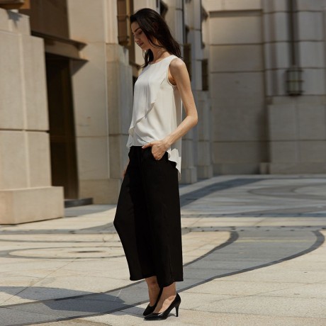 STYLISH ELASTIC WAIST STRAIGHT SOLID COLOR CHIFFON WIDE LEG PANTS FOR WOMEN