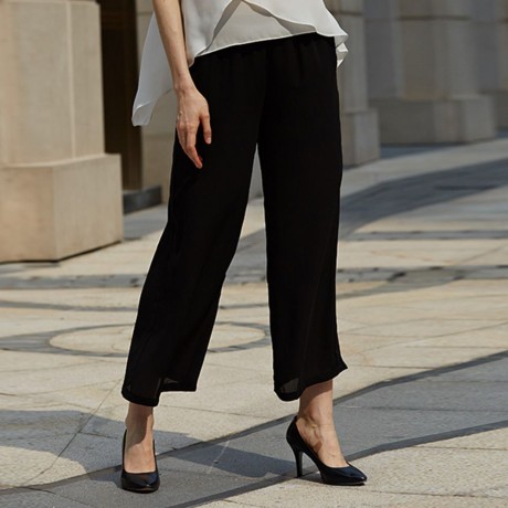 STYLISH ELASTIC WAIST STRAIGHT SOLID COLOR CHIFFON WIDE LEG PANTS FOR WOMEN