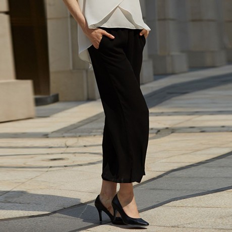 STYLISH ELASTIC WAIST STRAIGHT SOLID COLOR CHIFFON WIDE LEG PANTS FOR WOMEN