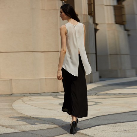 STYLISH ELASTIC WAIST STRAIGHT SOLID COLOR CHIFFON WIDE LEG PANTS FOR WOMEN