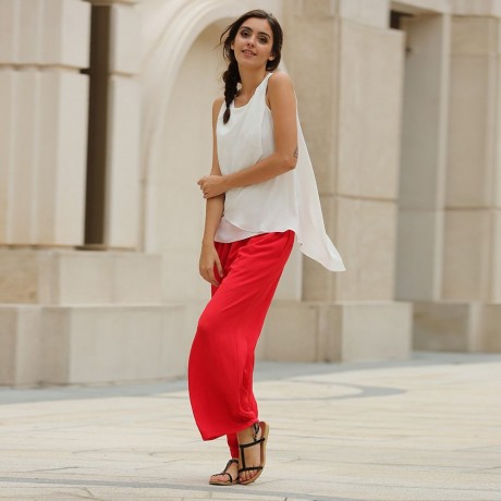 STYLISH ELASTIC WAIST STRAIGHT SOLID COLOR CHIFFON WIDE LEG PANTS FOR WOMEN
