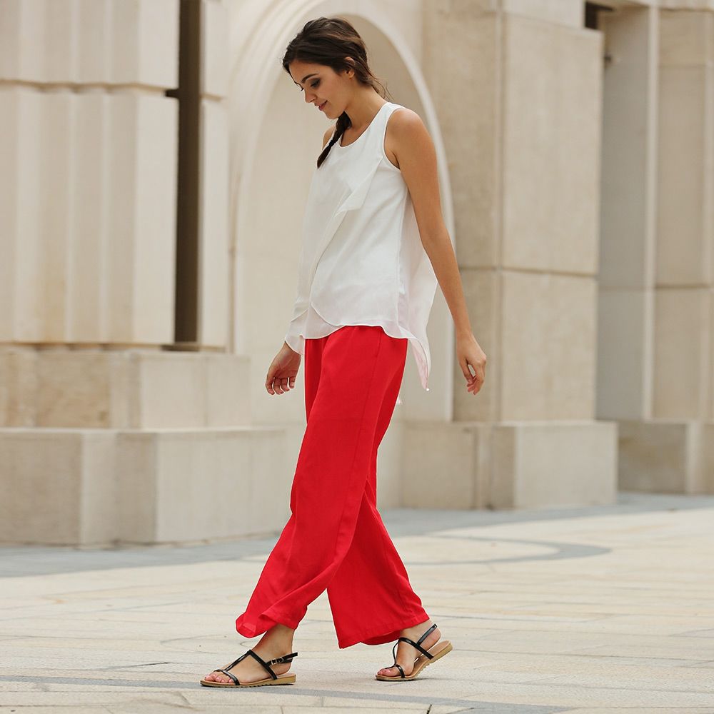 STYLISH ELASTIC WAIST STRAIGHT SOLID COLOR CHIFFON WIDE LEG PANTS FOR WOMEN