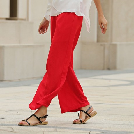 STYLISH ELASTIC WAIST STRAIGHT SOLID COLOR CHIFFON WIDE LEG PANTS FOR WOMEN