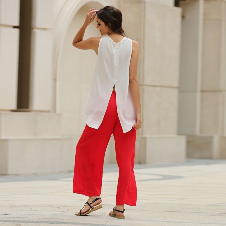 STYLISH ELASTIC WAIST STRAIGHT SOLID COLOR CHIFFON WIDE LEG PANTS FOR WOMEN
