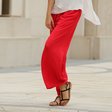STYLISH ELASTIC WAIST STRAIGHT SOLID COLOR CHIFFON WIDE LEG PANTS FOR WOMEN