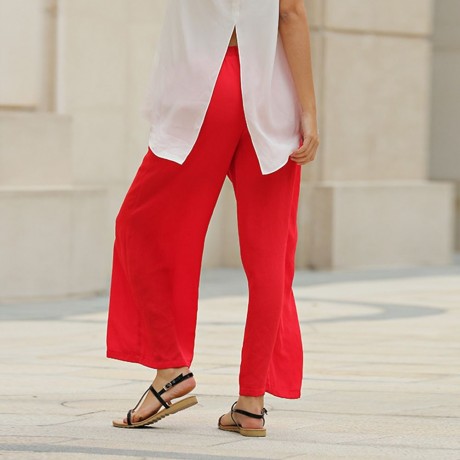 STYLISH ELASTIC WAIST STRAIGHT SOLID COLOR CHIFFON WIDE LEG PANTS FOR WOMEN