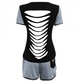 ACTIVE SCOOP COLLAR SHORT SLEEVE COLOR BLOCK POCKET DESIGN T-SHIRT   ELASTIC WAIST SHORTS 