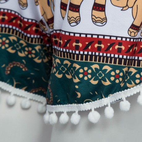 TRENDY MID ELASTIC WAIST ELEGHANT PRINT TASSEL LOOSE SHORTS FOR WOMEN