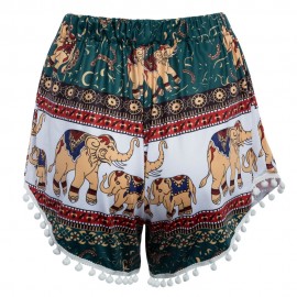 TRENDY MID ELASTIC WAIST ELEGHANT PRINT TASSEL LOOSE SHORTS FOR WOMEN