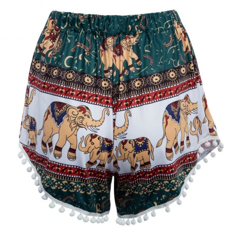 TRENDY MID ELASTIC WAIST ELEGHANT PRINT TASSEL LOOSE SHORTS FOR WOMEN