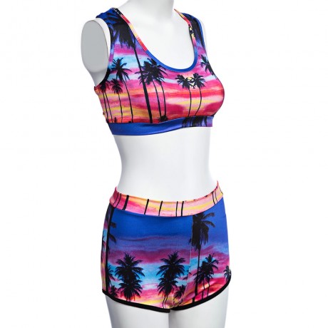 SEXY SCOOP COLLAR PRINTED CROP TOP   MID WAIST SKINNY SHORTS TWO PIECE BIKINI SET FOR WOME