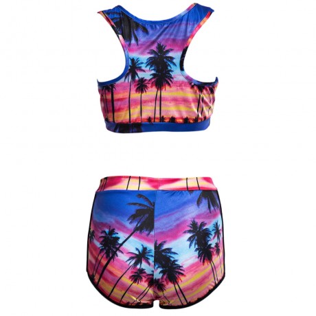 SEXY SCOOP COLLAR PRINTED CROP TOP   MID WAIST SKINNY SHORTS TWO PIECE BIKINI SET FOR WOME