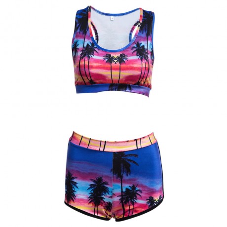 SEXY SCOOP COLLAR PRINTED CROP TOP   MID WAIST SKINNY SHORTS TWO PIECE BIKINI SET FOR WOME