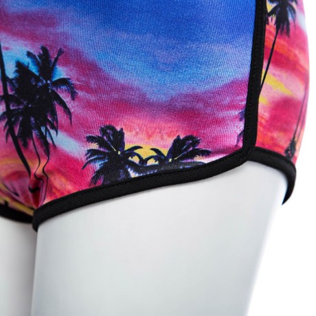 SEXY SCOOP COLLAR PRINTED CROP TOP   MID WAIST SKINNY SHORTS TWO PIECE BIKINI SET FOR WOME