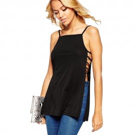 BRIEF SPAGHETTI STRAP HOLLOW OUT PURE COLOR TANK TOP FOR WOMEN