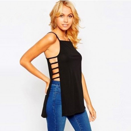 BRIEF SPAGHETTI STRAP HOLLOW OUT PURE COLOR TANK TOP FOR WOMEN