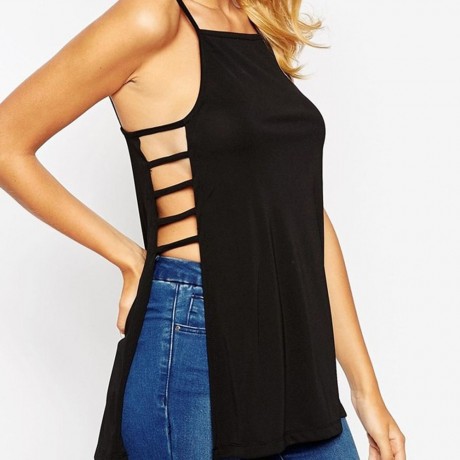 BRIEF SPAGHETTI STRAP HOLLOW OUT PURE COLOR TANK TOP FOR WOMEN