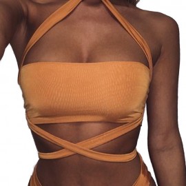 SEXY HALTER LACE-UP CROP TOP LOW WAIST BRIEFS SWIMWEAR FOR WOMEN