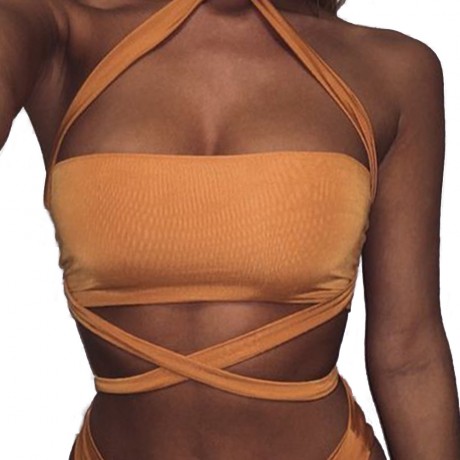 SEXY HALTER LACE-UP CROP TOP LOW WAIST BRIEFS SWIMWEAR FOR WOMEN