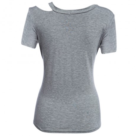 STREET STYLE SCOOP COLLAR CUT OUT PURE COLOR T-SHIRT FOR WOMEN