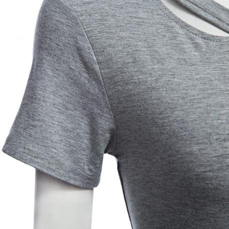 STREET STYLE SCOOP COLLAR CUT OUT PURE COLOR T-SHIRT FOR WOMEN