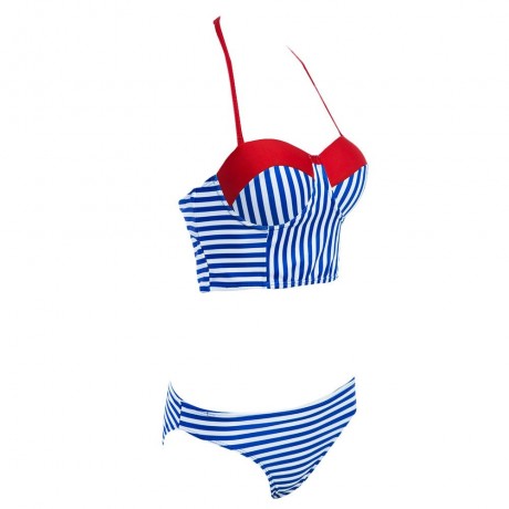 SPAGHETTI STRAP STRIPED PADDED LOW WAIST WOMEN CHIC TWO PIECE BIKINI SET