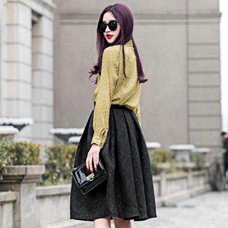 STYLISH HIGH WAIST PLEATED SHADOW STITCH MID-CALF PURE COLOR UMBRELLA SKIRT FOR WOMEN