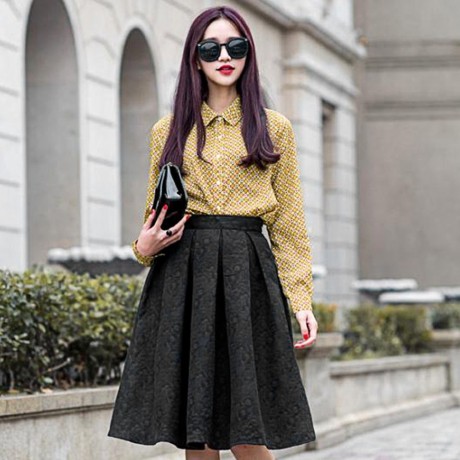 STYLISH HIGH WAIST PLEATED SHADOW STITCH MID-CALF PURE COLOR UMBRELLA SKIRT FOR WOMEN