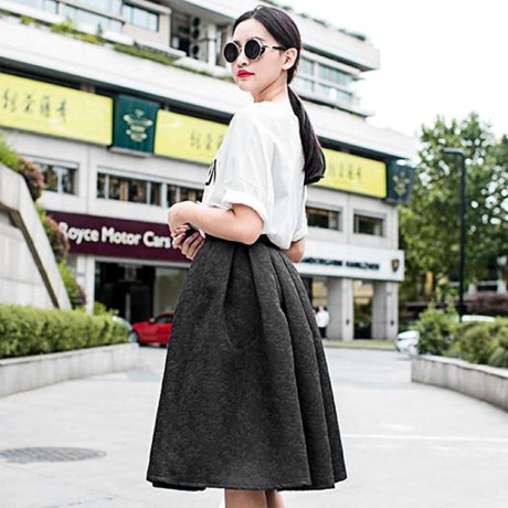 STYLISH HIGH WAIST PLEATED SHADOW STITCH MID-CALF PURE COLOR UMBRELLA SKIRT FOR WOMEN